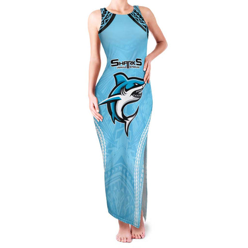 Sharks Rugby Custom Family Matching Tank Maxi Dress and Hawaiian Shirt With Polynesian Style