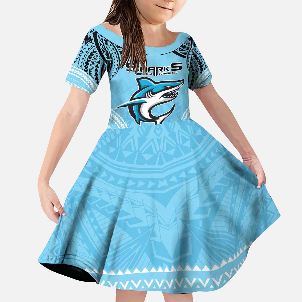 Sharks Rugby Custom Kid Short Sleeve Dress With Polynesian Style