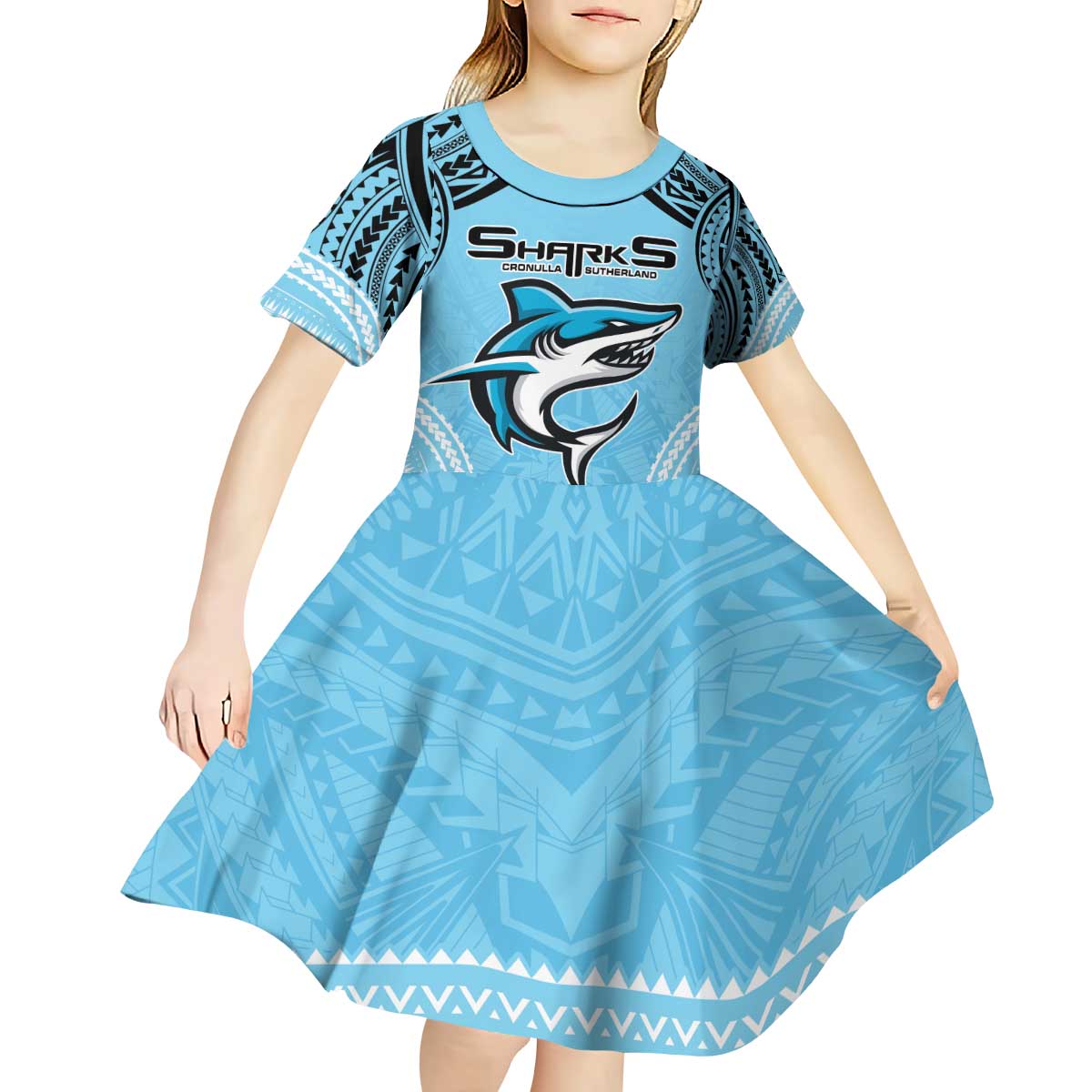 Sharks Rugby Custom Kid Short Sleeve Dress With Polynesian Style