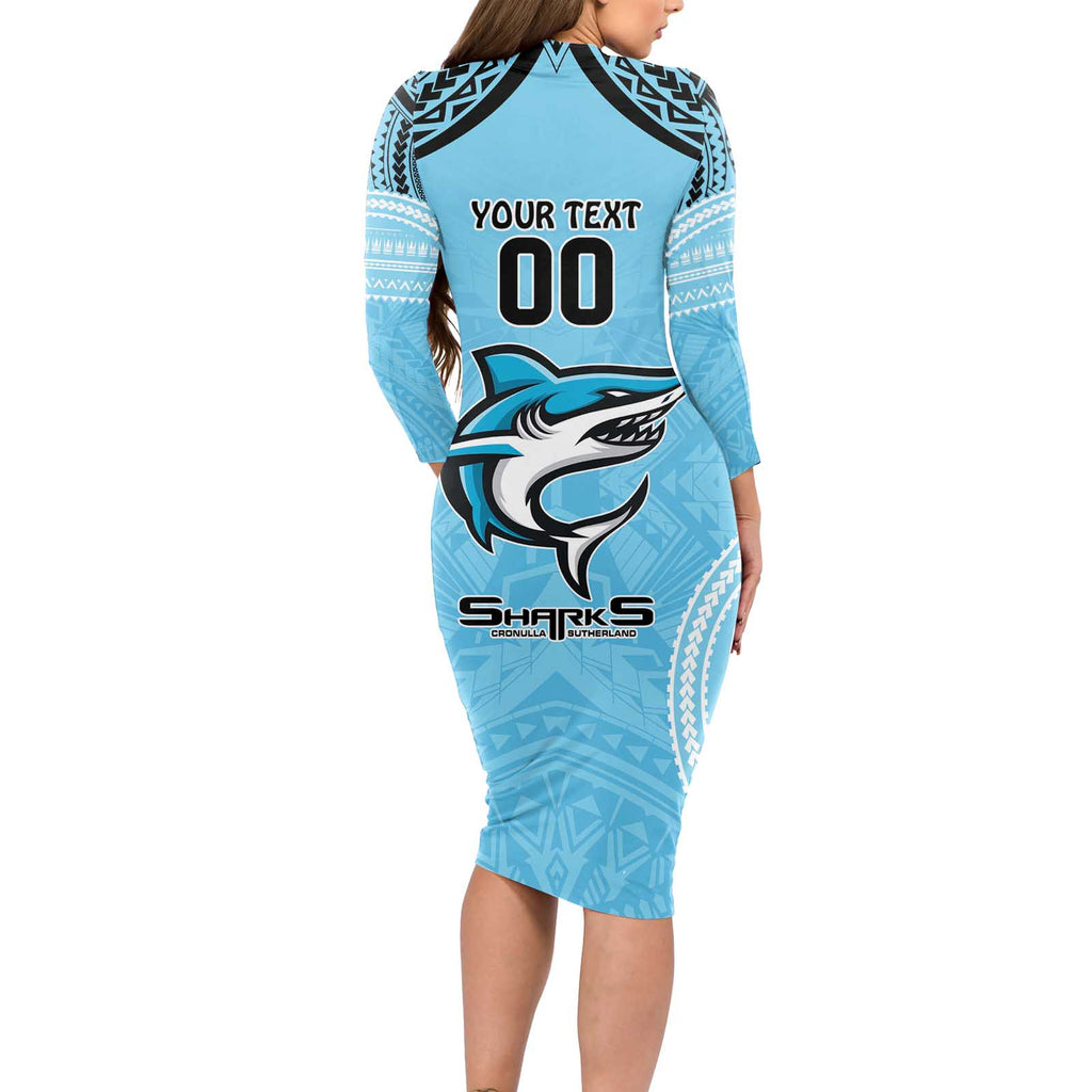 Sharks Rugby Custom Long Sleeve Bodycon Dress With Polynesian Style