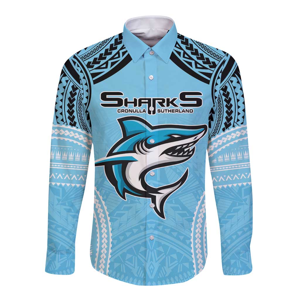 Sharks Rugby Custom Long Sleeve Button Shirt With Polynesian Style