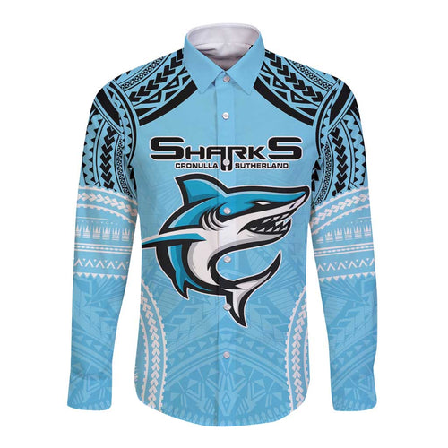 Sharks Rugby Custom Long Sleeve Button Shirt With Polynesian Style