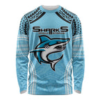 Sharks Rugby Custom Long Sleeve Shirt With Polynesian Style