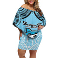Sharks Rugby Custom Off Shoulder Short Dress With Polynesian Style