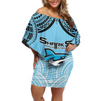 Sharks Rugby Custom Off Shoulder Short Dress With Polynesian Style