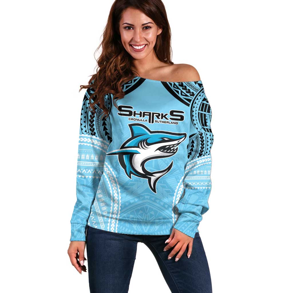 Sharks Rugby Custom Off Shoulder Sweater With Polynesian Style
