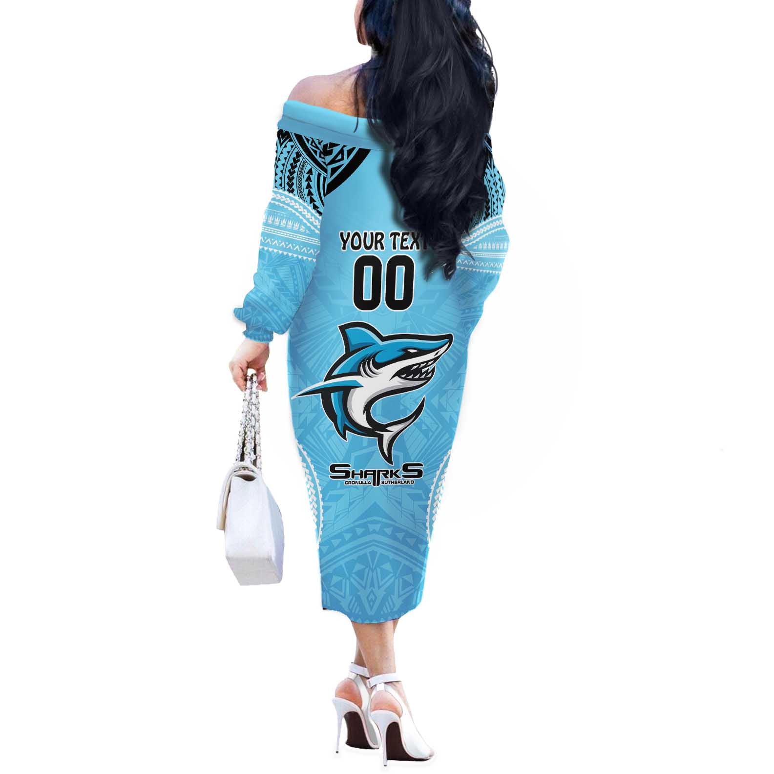 Sharks Rugby Custom Off The Shoulder Long Sleeve Dress With Polynesian Style