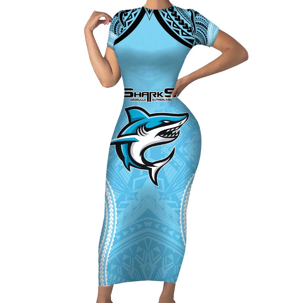 Sharks Rugby Custom Short Sleeve Bodycon Dress With Polynesian Style