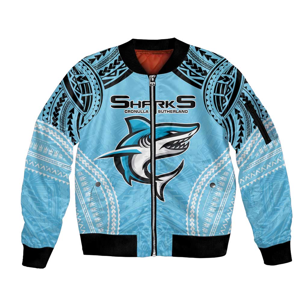Sharks Rugby Custom Sleeve Zip Bomber Jacket With Polynesian Style