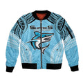 Sharks Rugby Custom Sleeve Zip Bomber Jacket With Polynesian Style