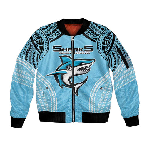 Sharks Rugby Custom Sleeve Zip Bomber Jacket With Polynesian Style