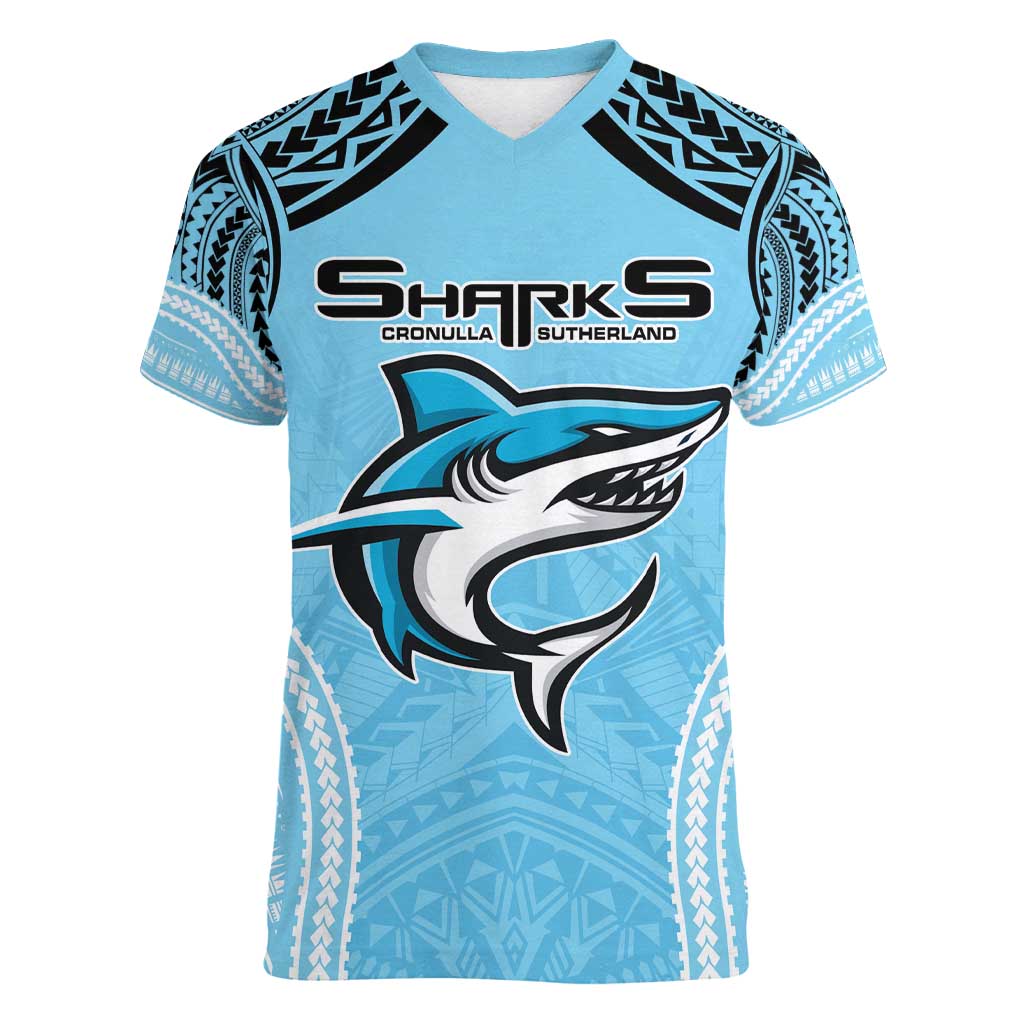 Sharks Rugby Custom Women V-Neck T-Shirt With Polynesian Style