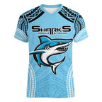 Sharks Rugby Custom Women V-Neck T-Shirt With Polynesian Style
