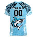 Sharks Rugby Custom Women V-Neck T-Shirt With Polynesian Style