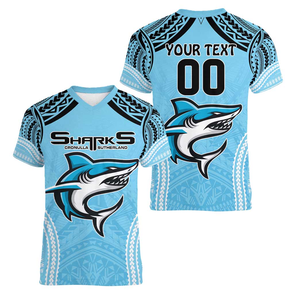 Sharks Rugby Custom Women V-Neck T-Shirt With Polynesian Style
