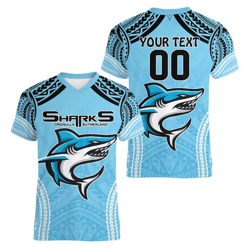 Sharks Rugby Custom Women V-Neck T-Shirt With Polynesian Style