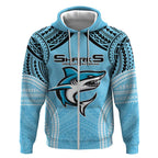 Sharks Rugby Custom Zip Hoodie With Polynesian Style