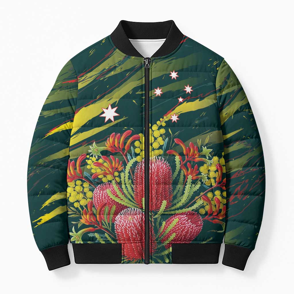 Australian Native Flower Personalised Bomber Puffer Jacket Banksia Nature’s Wild Flame - Aussie Hoodie
