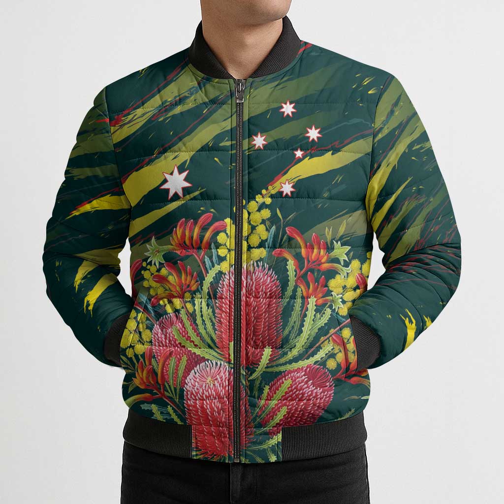 Australian Native Flower Personalised Bomber Puffer Jacket Banksia Nature’s Wild Flame - Aussie Hoodie