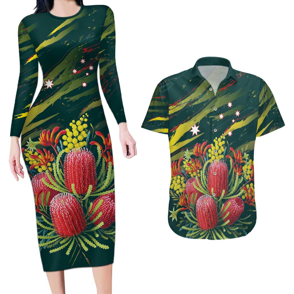 Australian Native Flower Personalised Couples Matching Long Sleeve Bodycon Dress and Hawaiian Shirt Banksia Nature’s Wild Flame - Aussie Hoodie