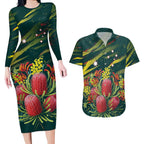 Australian Native Flower Personalised Couples Matching Long Sleeve Bodycon Dress and Hawaiian Shirt Banksia Nature’s Wild Flame - Aussie Hoodie
