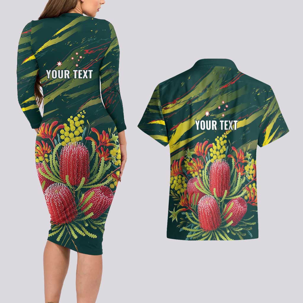 Australian Native Flower Personalised Couples Matching Long Sleeve Bodycon Dress and Hawaiian Shirt Banksia Nature’s Wild Flame - Aussie Hoodie