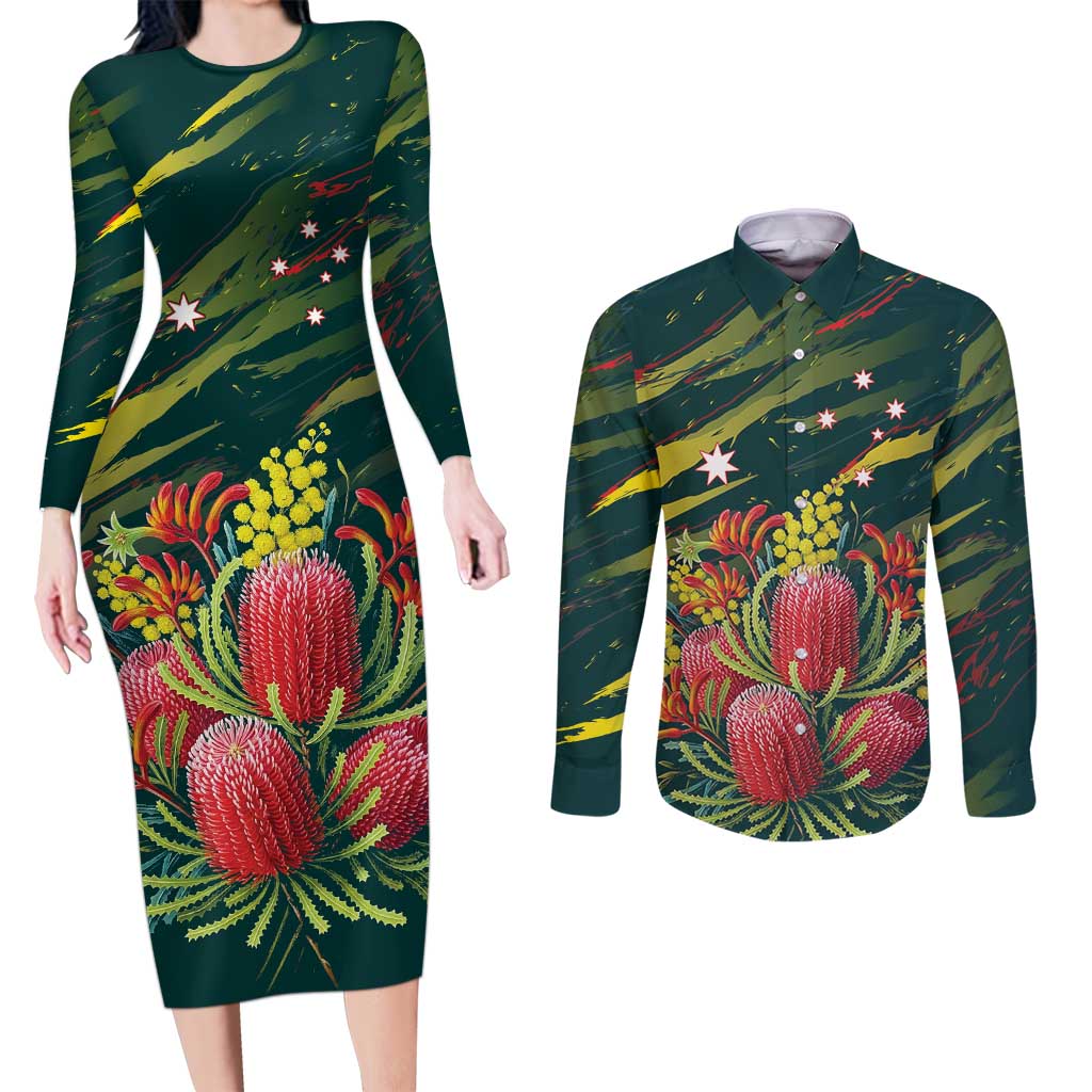 Australian Native Flower Personalised Couples Matching Long Sleeve Bodycon Dress and Long Sleeve Button Shirt Banksia Nature’s Wild Flame - Aussie Hoodie
