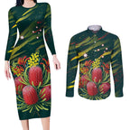 Australian Native Flower Personalised Couples Matching Long Sleeve Bodycon Dress and Long Sleeve Button Shirt Banksia Nature’s Wild Flame - Aussie Hoodie