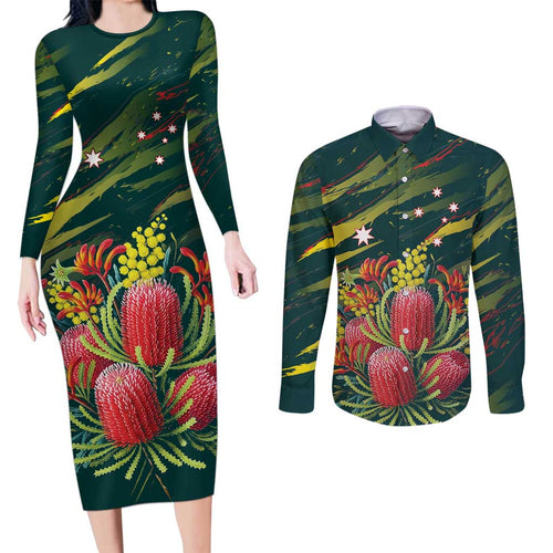 Australian Native Flower Personalised Couples Matching Long Sleeve Bodycon Dress and Long Sleeve Button Shirt Banksia Nature’s Wild Flame - Aussie Hoodie