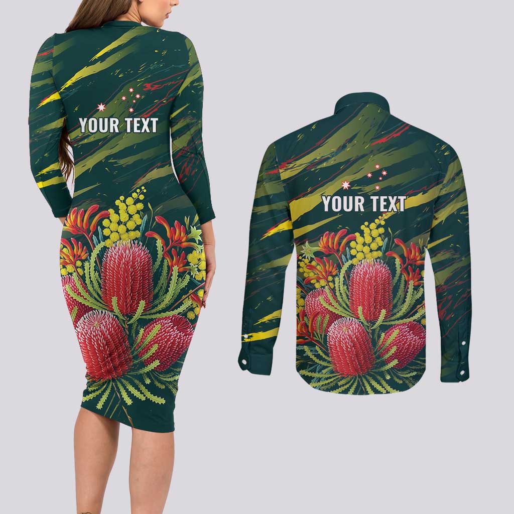 Australian Native Flower Personalised Couples Matching Long Sleeve Bodycon Dress and Long Sleeve Button Shirt Banksia Nature’s Wild Flame - Aussie Hoodie