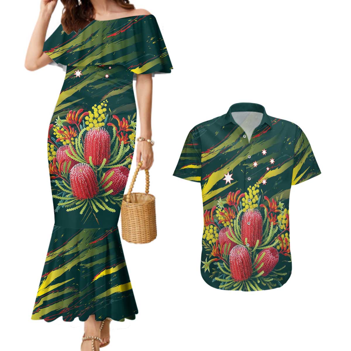 Australian Native Flower Personalised Couples Matching Mermaid Dress and Hawaiian Shirt Banksia Nature’s Wild Flame - Aussie Hoodie