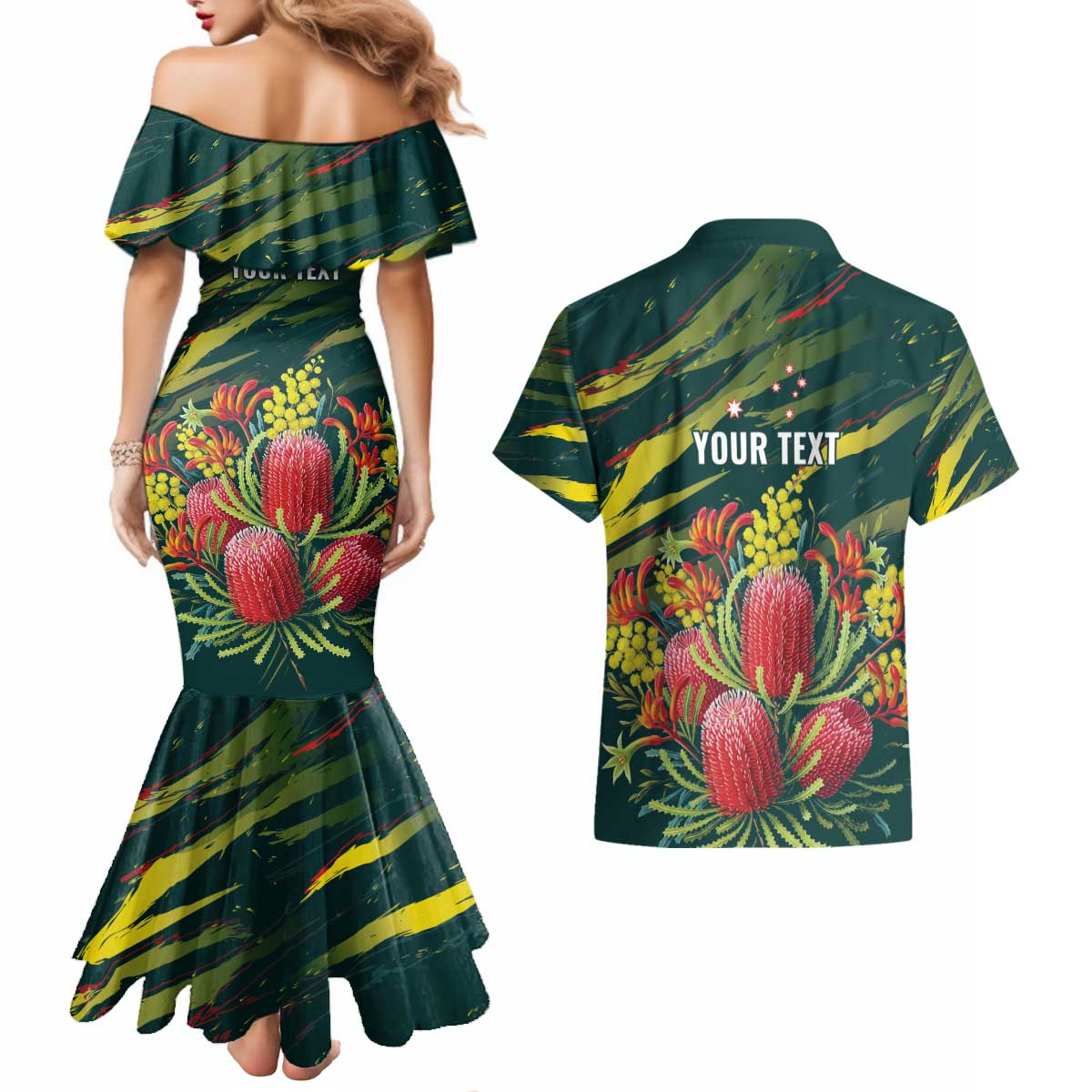 Australian Native Flower Personalised Couples Matching Mermaid Dress and Hawaiian Shirt Banksia Nature’s Wild Flame - Aussie Hoodie