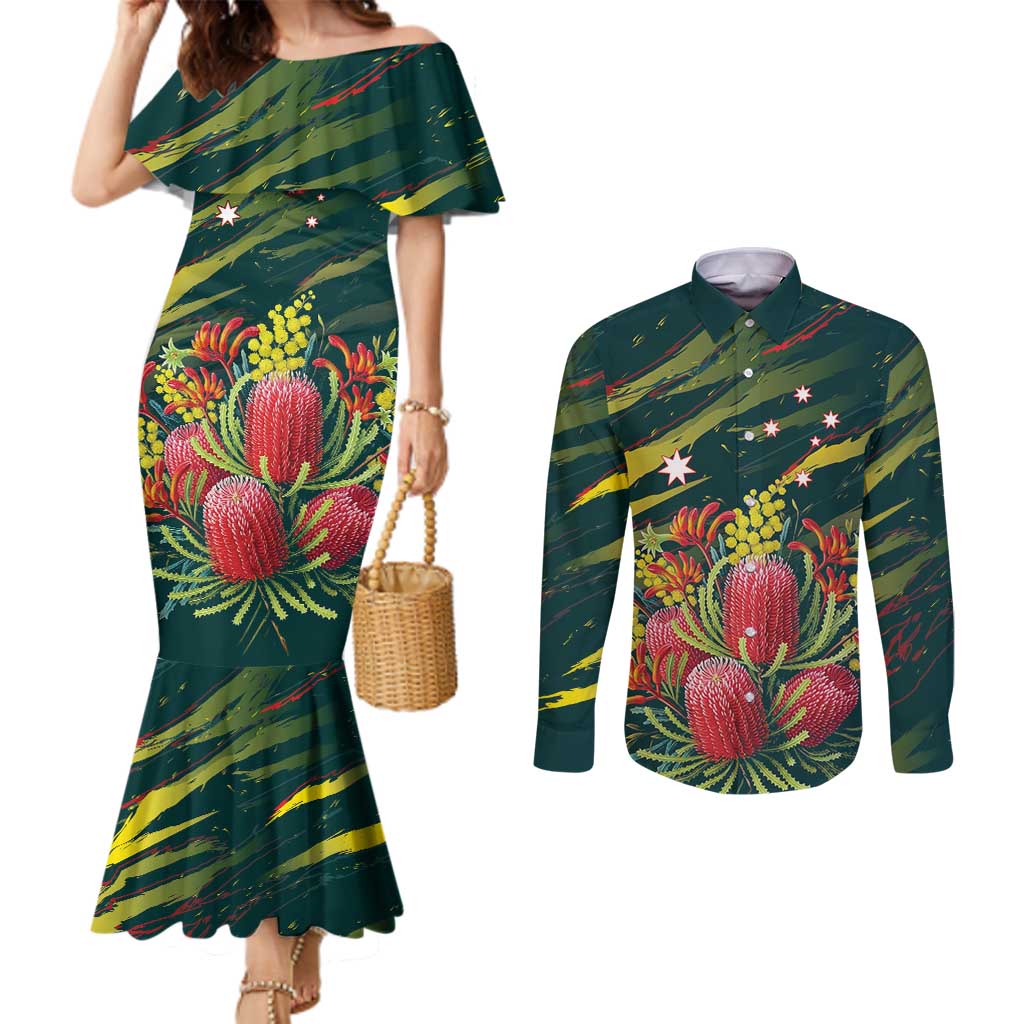 Australian Native Flower Personalised Couples Matching Mermaid Dress and Long Sleeve Button Shirt Banksia Nature’s Wild Flame - Aussie Hoodie