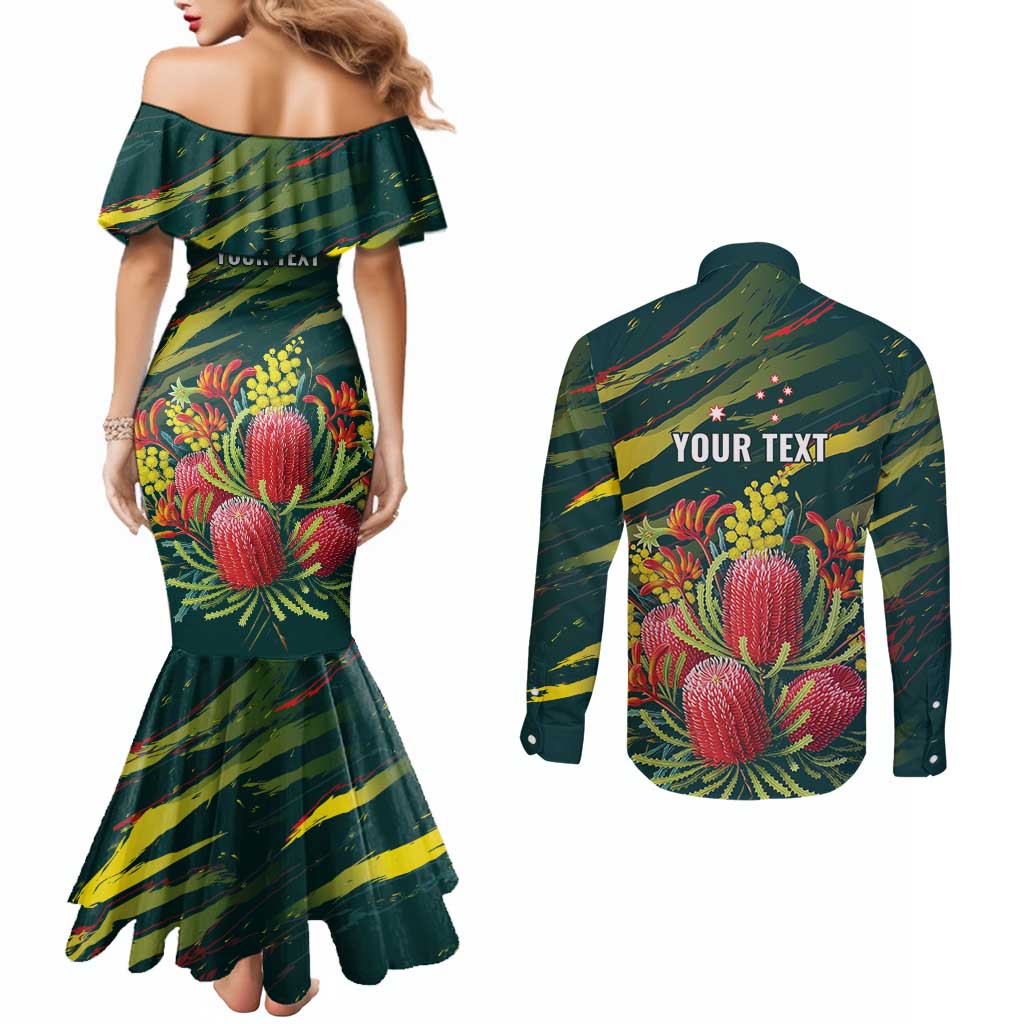 Australian Native Flower Personalised Couples Matching Mermaid Dress and Long Sleeve Button Shirt Banksia Nature’s Wild Flame - Aussie Hoodie