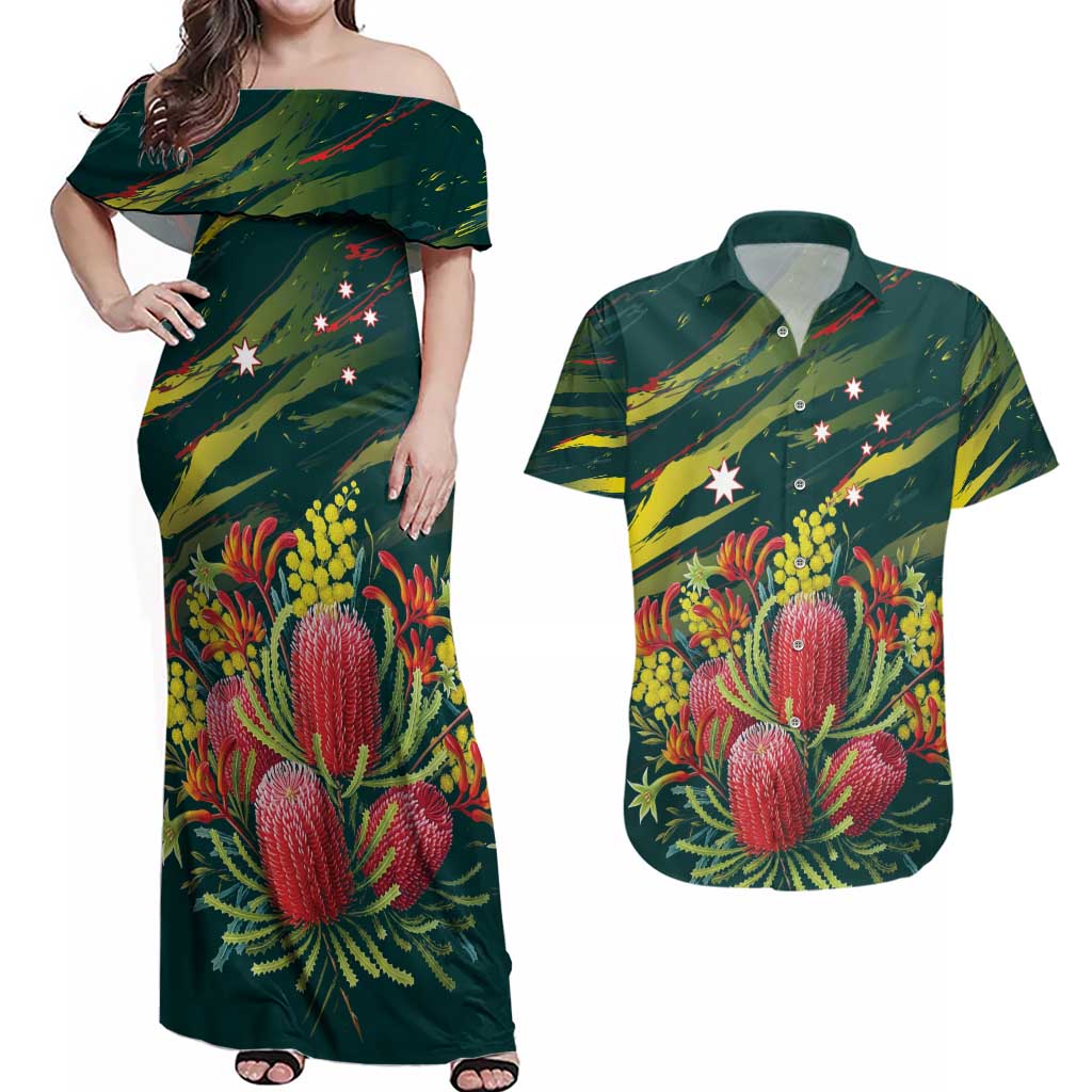 Australian Native Flower Personalised Couples Matching Off Shoulder Maxi Dress and Hawaiian Shirt Banksia Nature’s Wild Flame - Aussie Hoodie