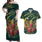 Australian Native Flower Personalised Couples Matching Off Shoulder Maxi Dress and Hawaiian Shirt Banksia Nature’s Wild Flame - Aussie Hoodie