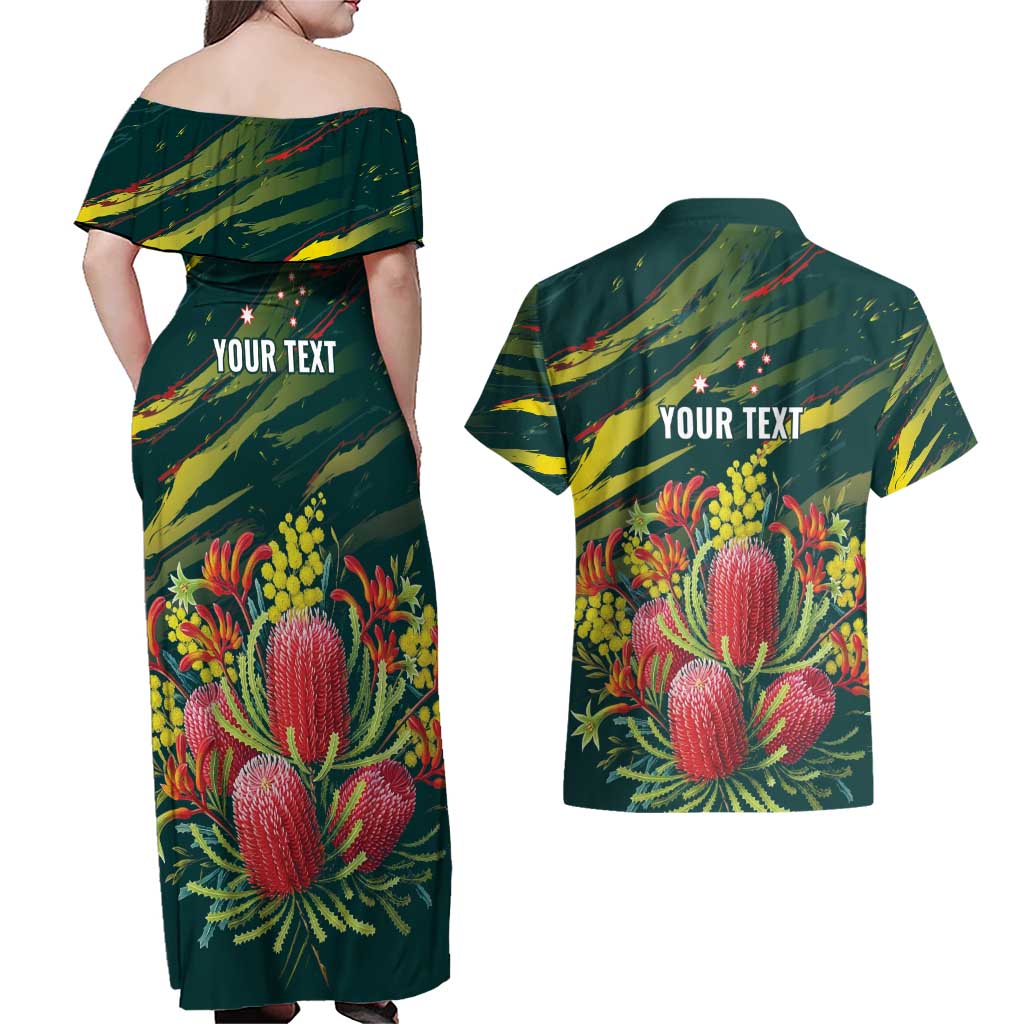 Australian Native Flower Personalised Couples Matching Off Shoulder Maxi Dress and Hawaiian Shirt Banksia Nature’s Wild Flame - Aussie Hoodie