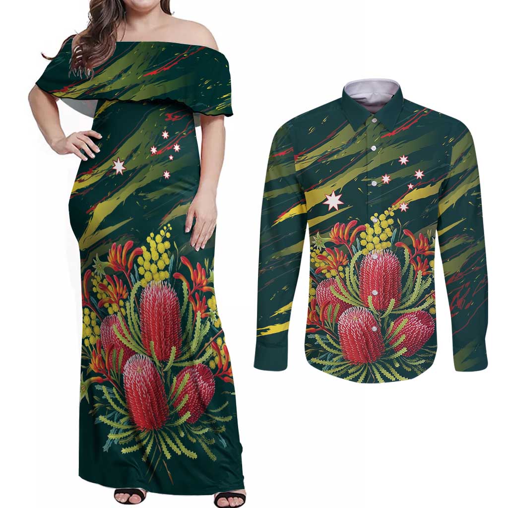 Australian Native Flower Personalised Couples Matching Off Shoulder Maxi Dress and Long Sleeve Button Shirt Banksia Nature’s Wild Flame - Aussie Hoodie