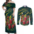 Australian Native Flower Personalised Couples Matching Off Shoulder Maxi Dress and Long Sleeve Button Shirt Banksia Nature’s Wild Flame - Aussie Hoodie