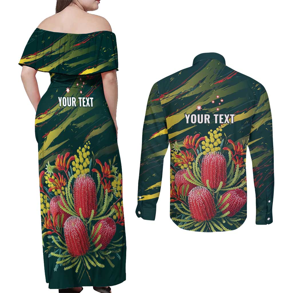 Australian Native Flower Personalised Couples Matching Off Shoulder Maxi Dress and Long Sleeve Button Shirt Banksia Nature’s Wild Flame - Aussie Hoodie
