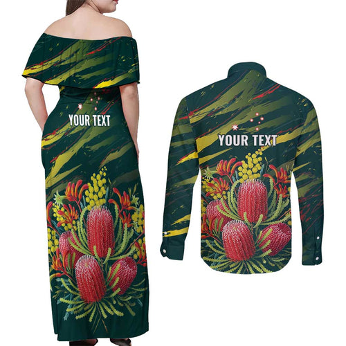 Australian Native Flower Personalised Couples Matching Off Shoulder Maxi Dress and Long Sleeve Button Shirt Banksia Nature’s Wild Flame - Aussie Hoodie