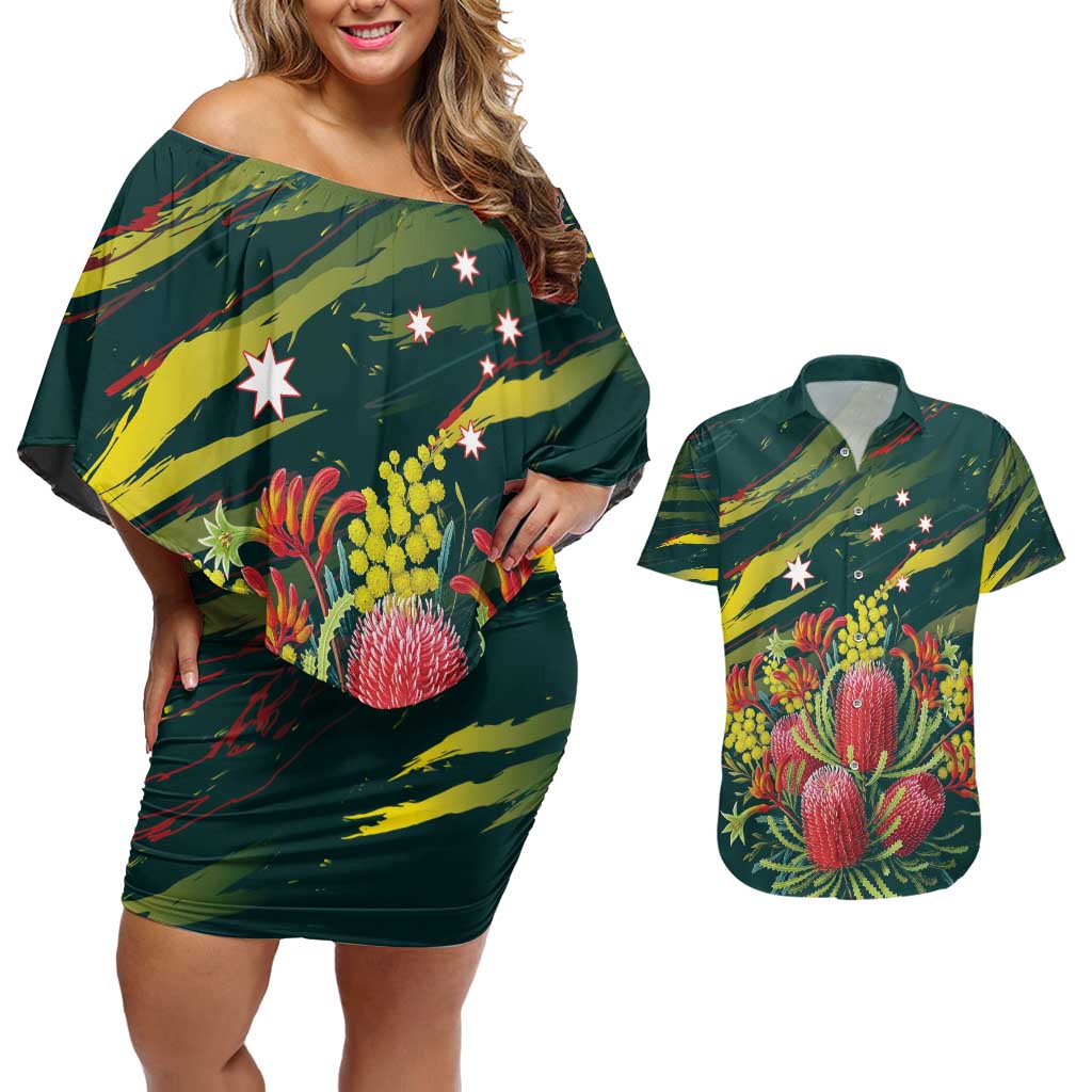 Australian Native Flower Personalised Couples Matching Off Shoulder Short Dress and Hawaiian Shirt Banksia Nature’s Wild Flame - Aussie Hoodie