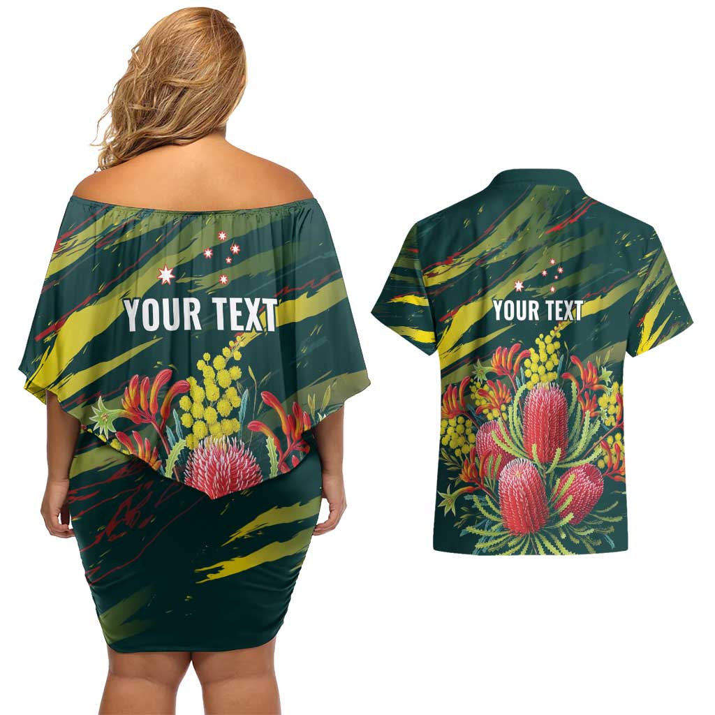 Australian Native Flower Personalised Couples Matching Off Shoulder Short Dress and Hawaiian Shirt Banksia Nature’s Wild Flame - Aussie Hoodie