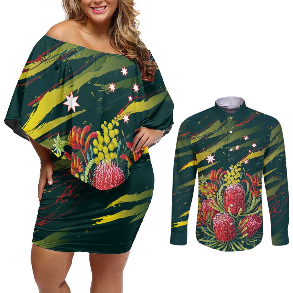 Australian Native Flower Personalised Couples Matching Off Shoulder Short Dress and Long Sleeve Button Shirt Banksia Nature’s Wild Flame - Aussie Hoodie