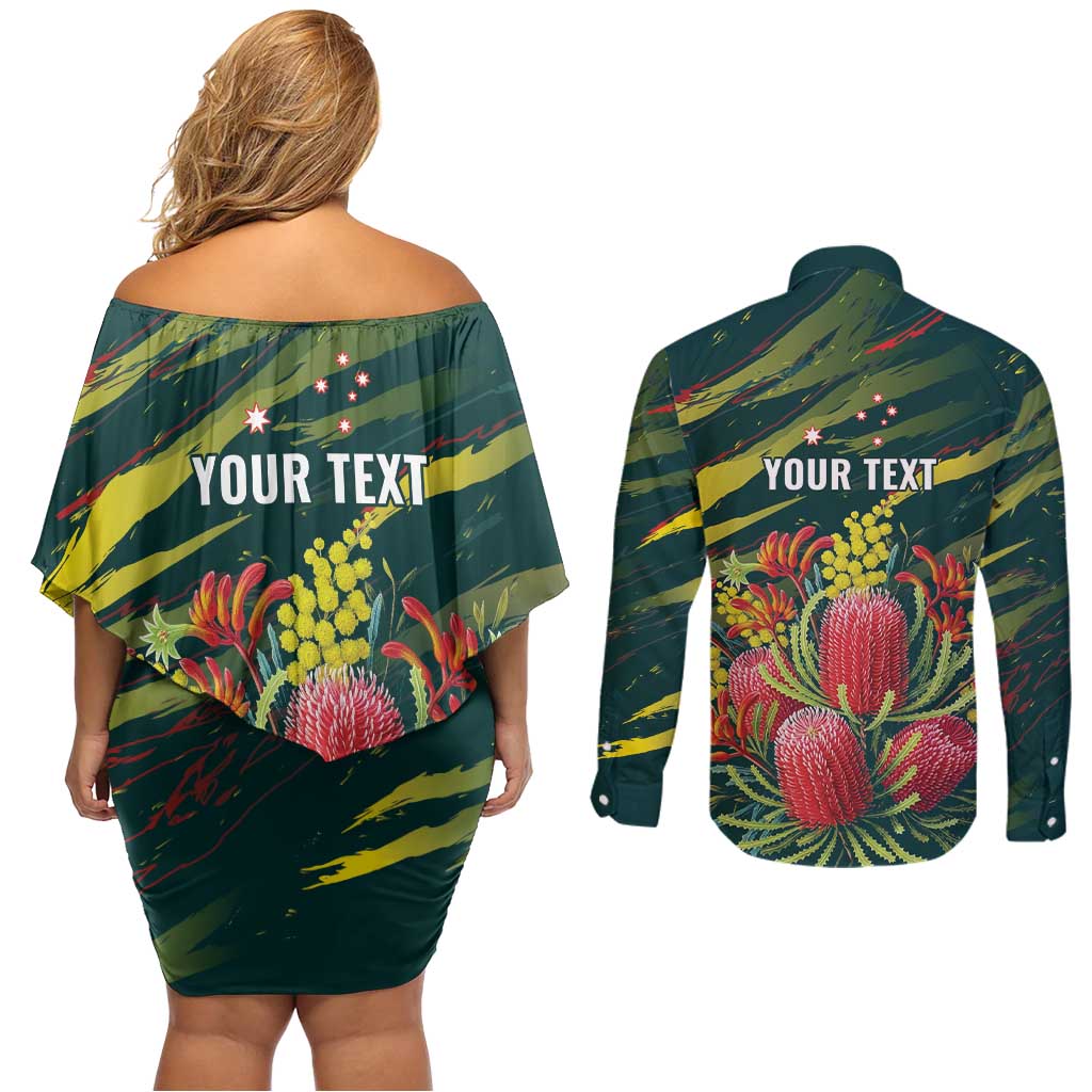 Australian Native Flower Personalised Couples Matching Off Shoulder Short Dress and Long Sleeve Button Shirt Banksia Nature’s Wild Flame - Aussie Hoodie