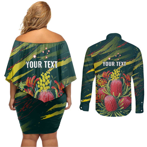 Australian Native Flower Personalised Couples Matching Off Shoulder Short Dress and Long Sleeve Button Shirt Banksia Nature’s Wild Flame - Aussie Hoodie