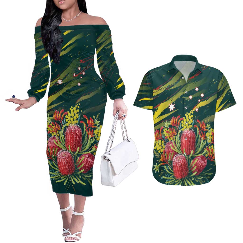 Australian Native Flower Personalised Couples Matching Off The Shoulder Long Sleeve Dress and Hawaiian Shirt Banksia Nature’s Wild Flame - Aussie Hoodie