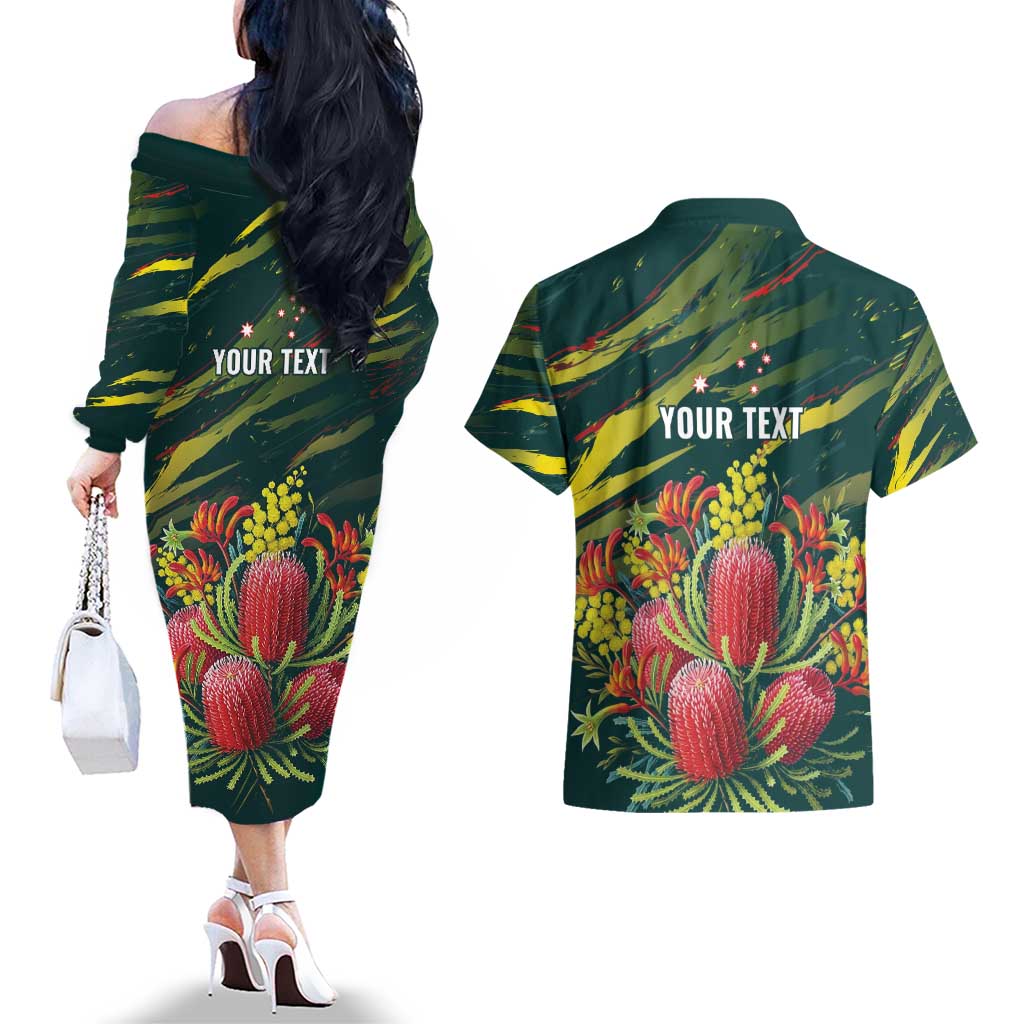 Australian Native Flower Personalised Couples Matching Off The Shoulder Long Sleeve Dress and Hawaiian Shirt Banksia Nature’s Wild Flame - Aussie Hoodie