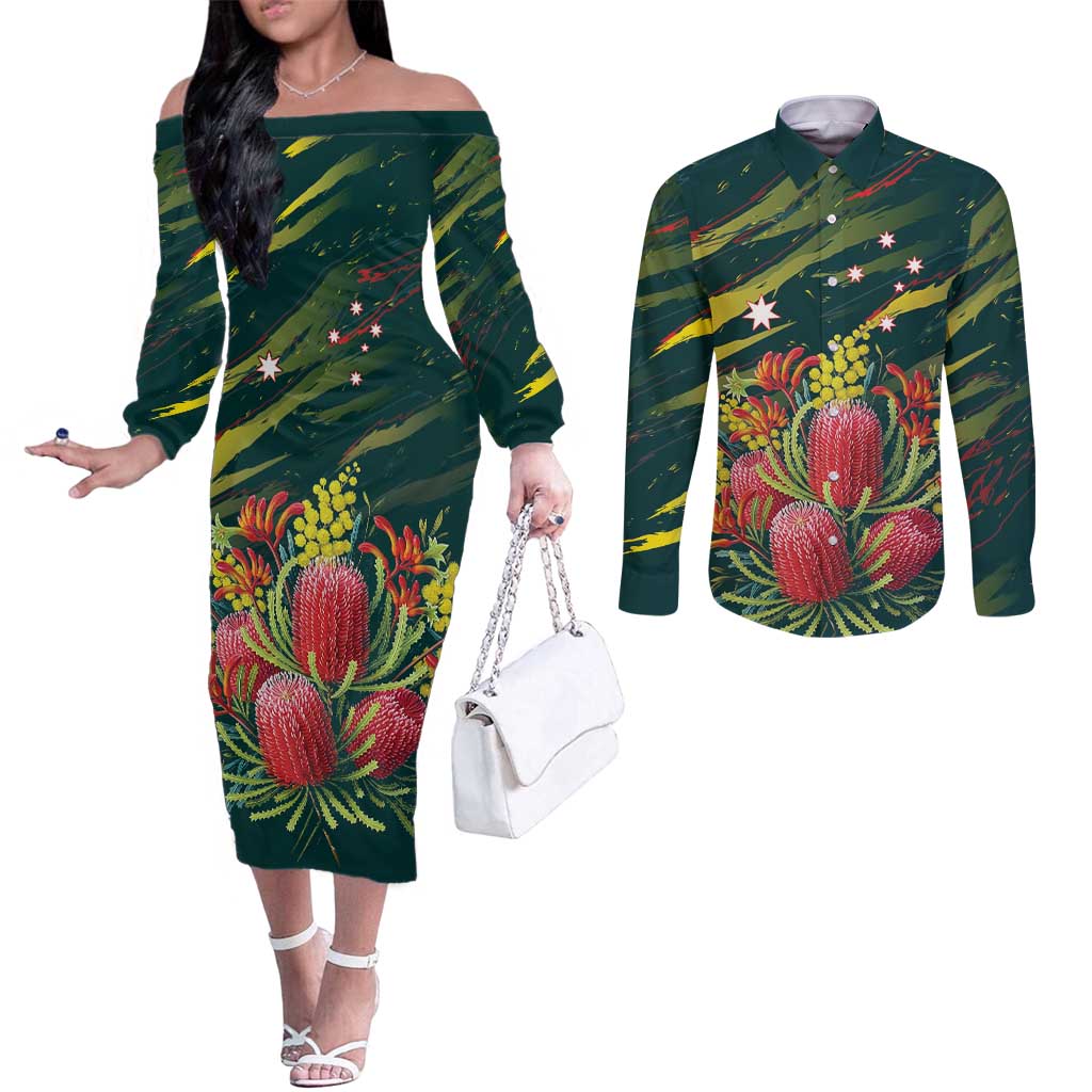 Australian Native Flower Personalised Couples Matching Off The Shoulder Long Sleeve Dress and Long Sleeve Button Shirt Banksia Nature’s Wild Flame - Aussie Hoodie