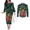 Australian Native Flower Personalised Couples Matching Off The Shoulder Long Sleeve Dress and Long Sleeve Button Shirt Banksia Nature’s Wild Flame - Aussie Hoodie